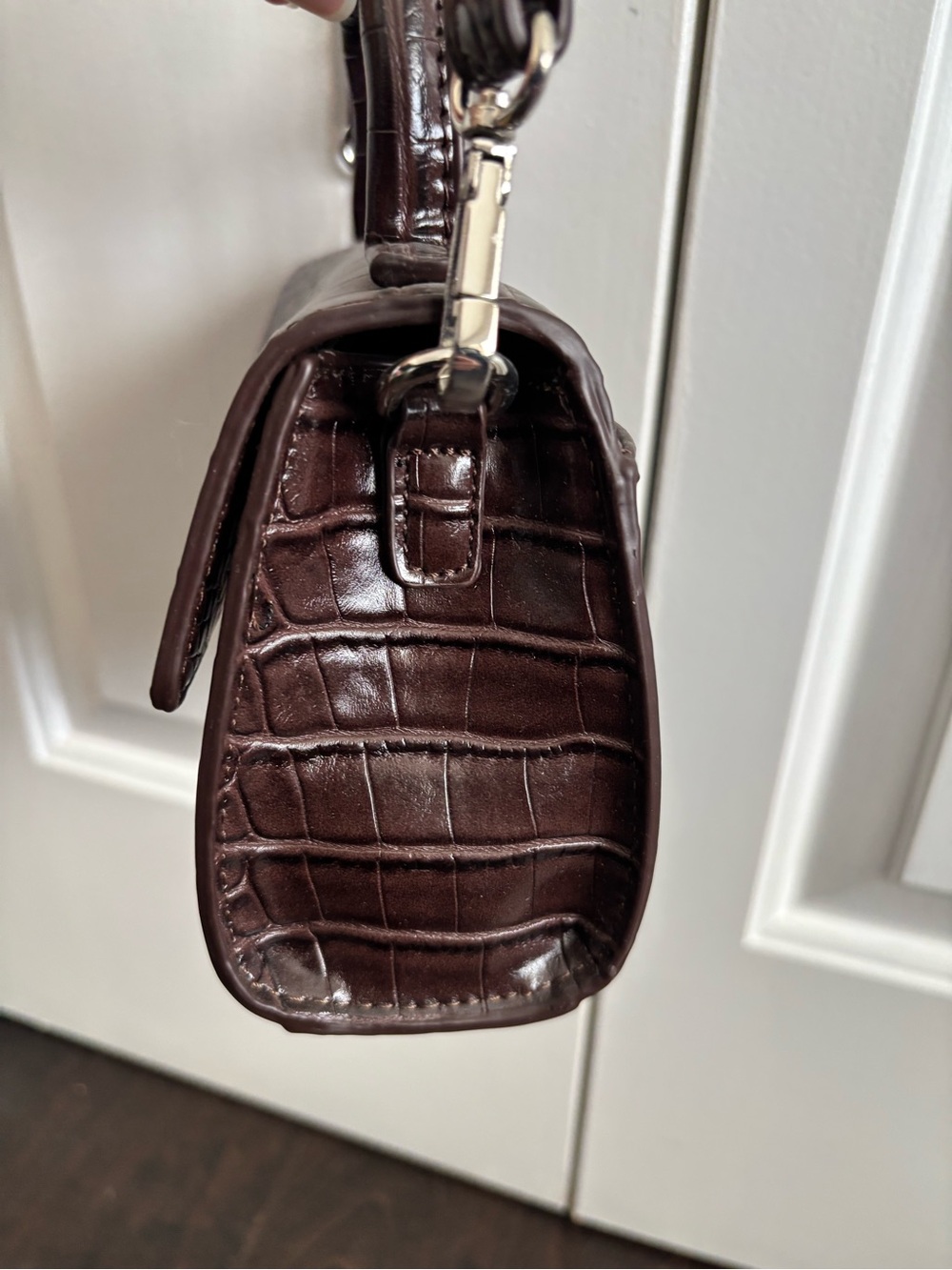 Zara Croc-Embossed Top-Handle Satchel in Dark Brown - Picture 4 of 9